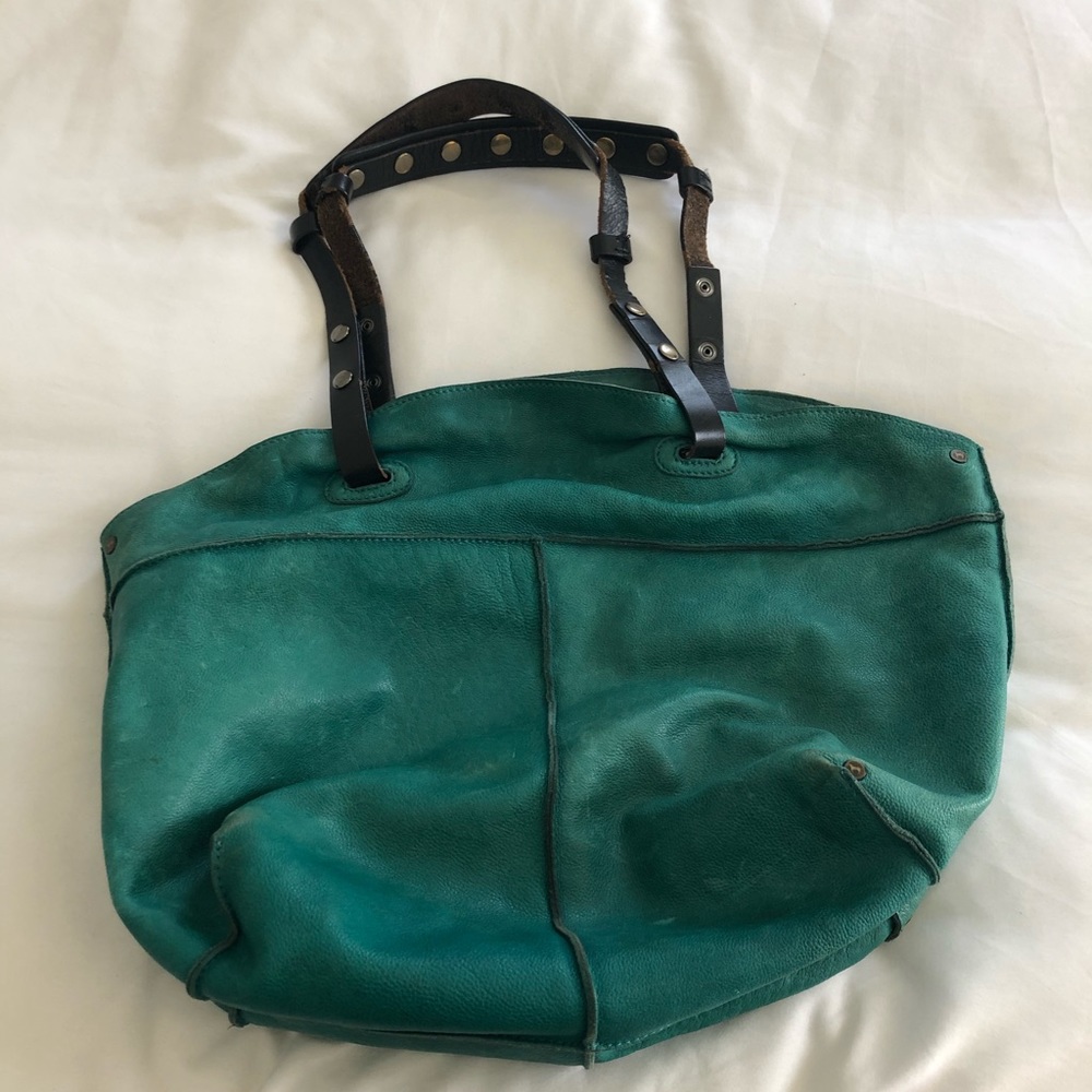 Teal leather tote